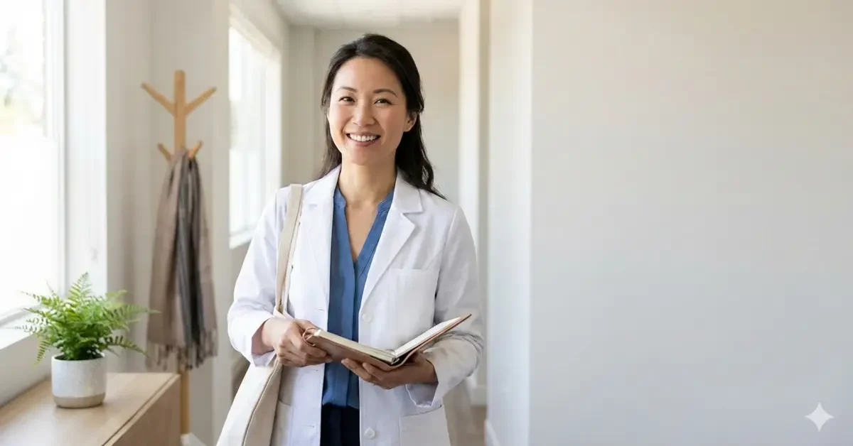 育休明けに復職する女性医師をイメージしたメイン画像（明るい院内の雰囲気）