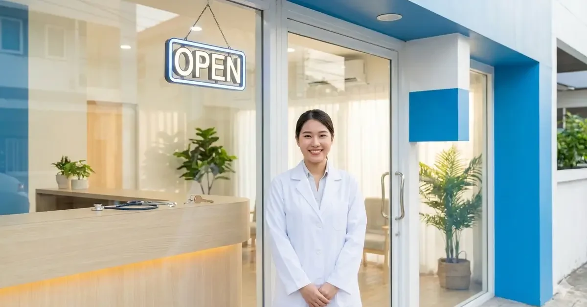 医院継承で安定したクリニックを開業する若い医師の明るい未来を象徴するイメージ