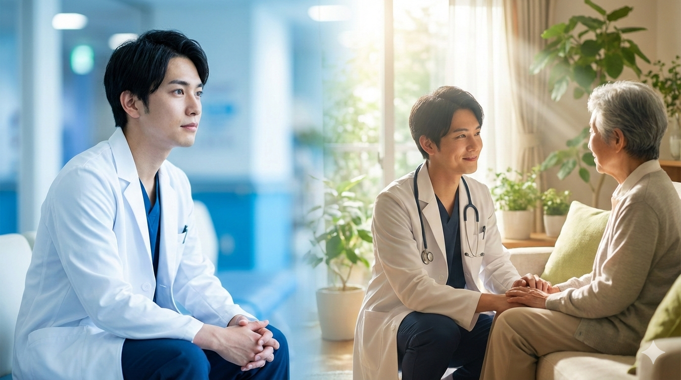 美容医療から在宅・訪問診療へのキャリアチェンジを象徴する若い医師の希望に満ちたイメージ